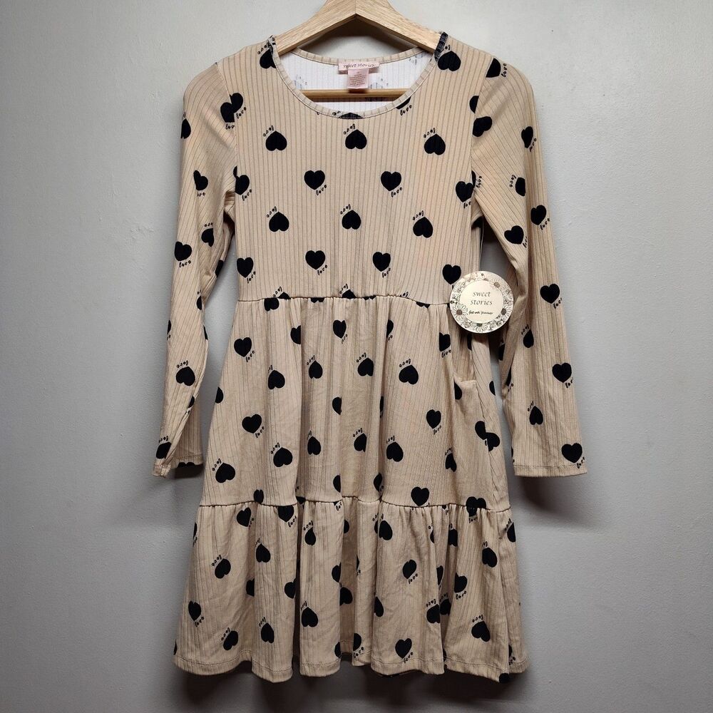 Sweet Stories Midi Dress Girls 12 Tan Black Hearts Long Sleeve Fall Girly Casual